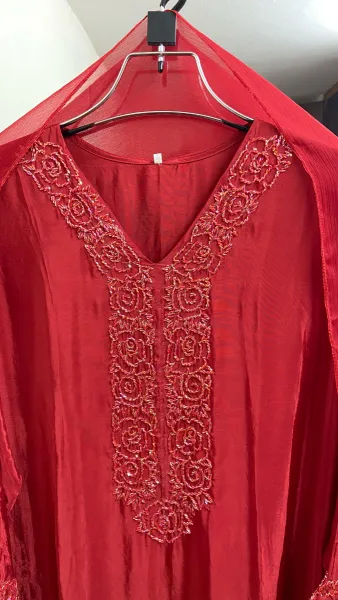 Luxury Russian Silk Pakistani Stitched Farshi Salwar 3 Pcs _ Red 